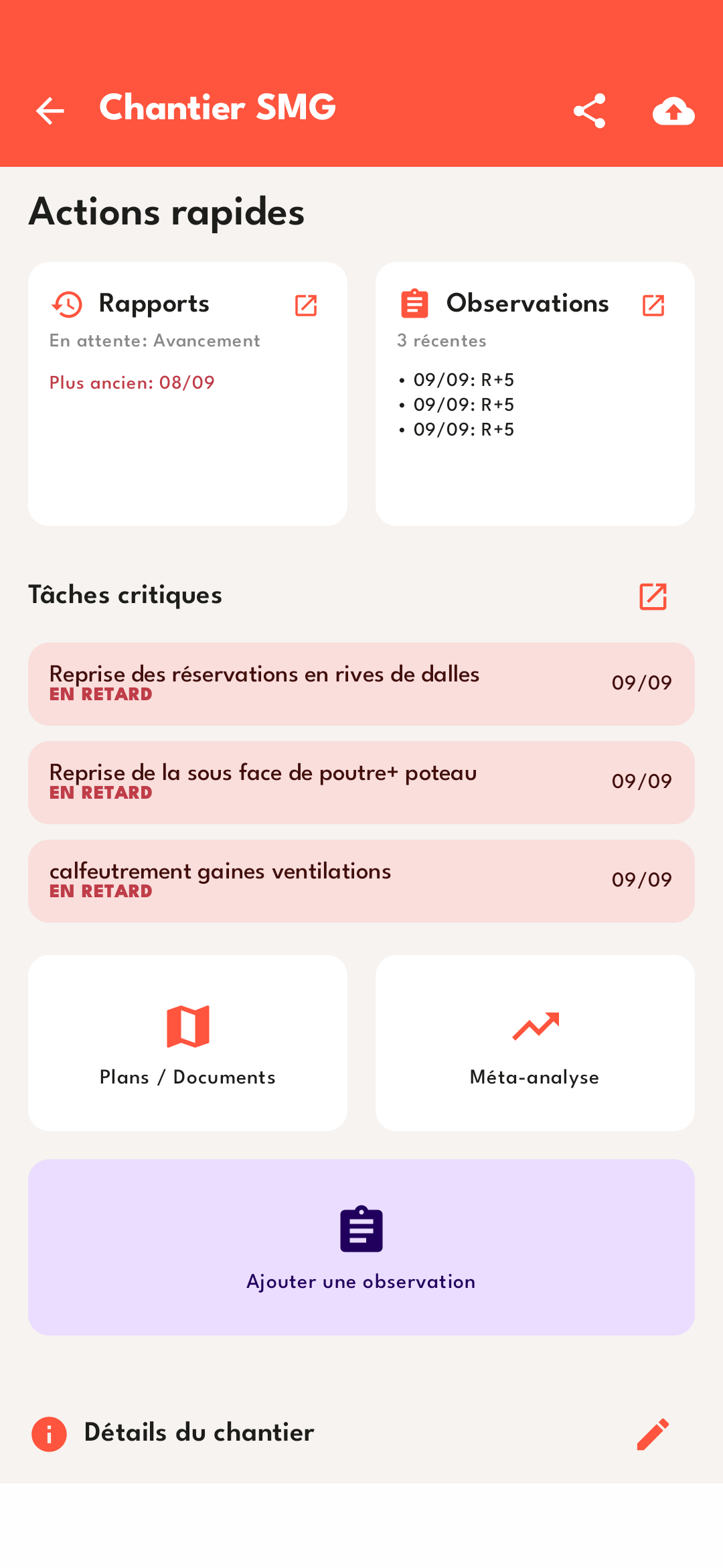 Suivi d'un chantier depuis l'application mobile